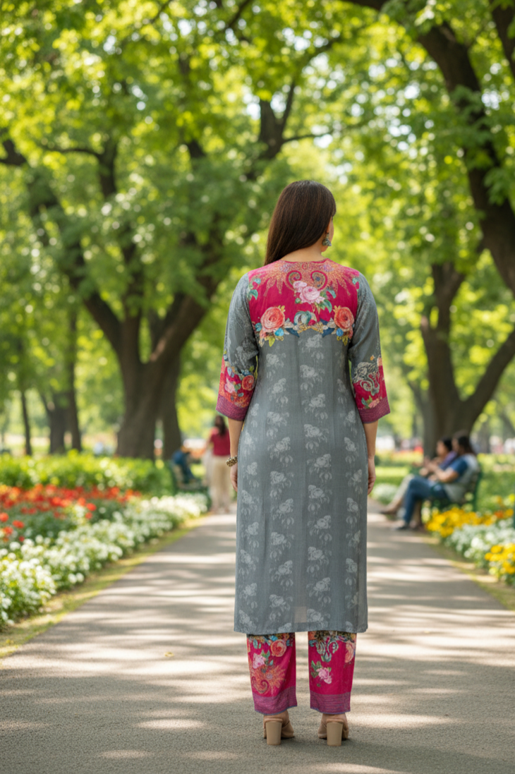 Sanjh Collection Pure Muslin Printed Kurta Set – Timeless Evening Elegance